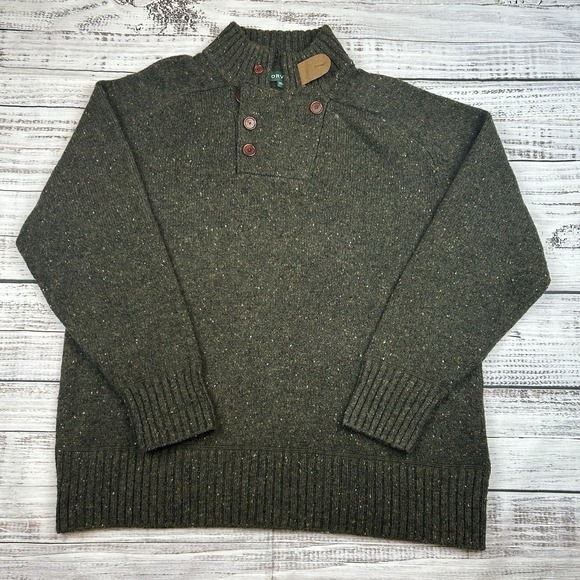 Mens XL Orvis Dark Green Speckled Chunky Knit Mock Neck Wool Cashmere Sweater - Picture 1 of 9